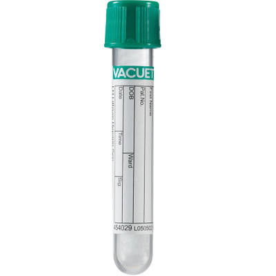TUBE VACUETTE BLOOD COLLECTION LH LITHIUM HEPARIN NON-RIDGED 13X175 4ML GREEN CAP WITH BLACK RING 50 BX