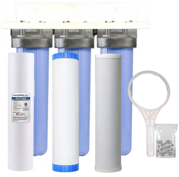 20-inch 3 Stage High Flow Whole House Filter for Low pH, Acidic Water, Chlorine, Chemicals, and Odor Removal 20-inch 3 Stage High Flow Whole House Filter for Low pH, Acidic Water, Chlorine, Chemicals, and Odor Removal