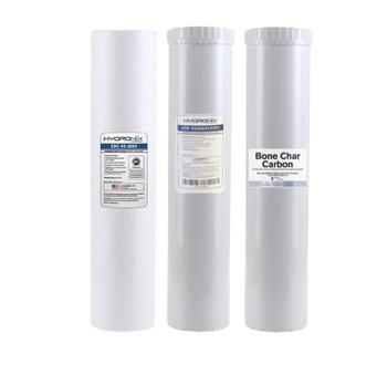 3 Stage Big Blue Filter Kit 4.5" x 20" Sediment, GAC/KDF55, Bone Char 3 Stage Big Blue Filter Kit 4.5" x 20" Sediment, GAC/KDF55, Bone Char