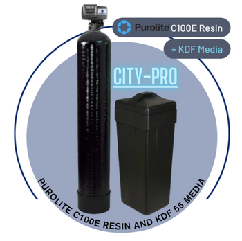 City-Pro 1.5 cubic Foot (48k) On Demand Whole Home Water Softener with Purolite C100E Resin and KDF 55 Media, Pentair tank