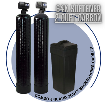 Combo Package Fleck 5600SXT 64,000 Grain Water Softener with 2cuft Backwashing Filter (10% Resin with Carbon), Black, Pentair tank