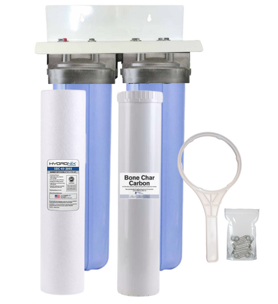 2 Stage 20-Inch Whole House Filter with Sediment and Bone Char Carbon Filters - Filtration for Fluoride, Radioactive Particles & Toxic Metals