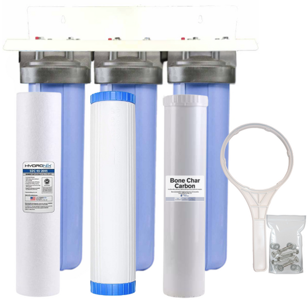 20-inch 3 Stage High Flow Whole House Bone Char Carbon Filter for Low pH, Acidic Water, Fluoride, Radioactive Isotopes, Arsenic, Chlorine, Chemicals, and Odor Removal