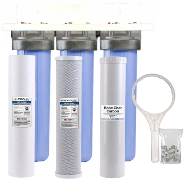 20-inch 3 Stage High Flow Whole House Bone Char Carbon Filter for Sediment, Chlorine,Fluoride, Radioactive Isotopes, Arsenic, Chlorine, Chemicals, and Odor Removal