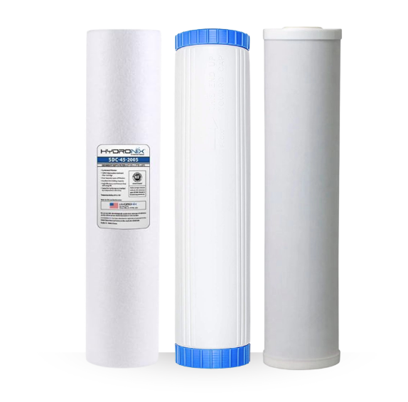 3 Stage High Flow Filter Kit 4.5" x 20" Sediment, pH, Radial Flow Carbon
