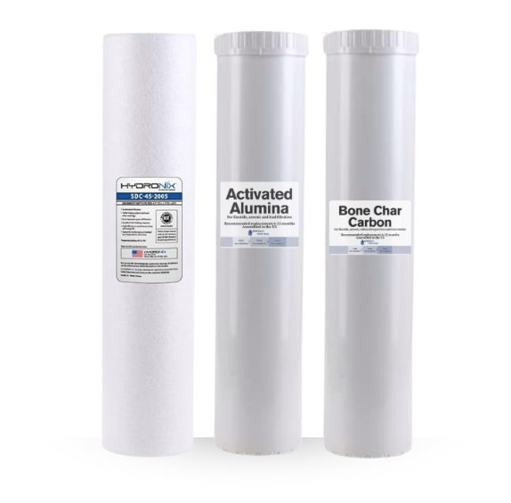 3 Stage High Flow Filter Kit 4.5" x 20" Sediment, Bone Char, and Activated Alumina