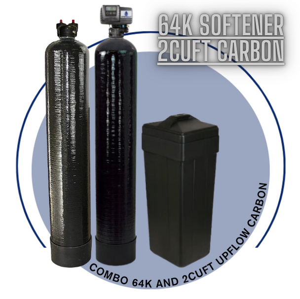 64k 56SXT-10% Combo Package Fleck 5600SXT 64,000 Grain Water Softener with 2cuft Upflow Filter (10% Resin with Carbon), Black, Pentair tank