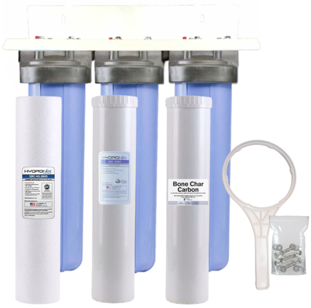 20-inch 3 Stage High Flow Whole House Bone Char Carbon Filter for Sediment, Chlorine,Fluoride, Radioactive Isotopes, PFAS, Chlorine, Chemicals, and Odor Removal