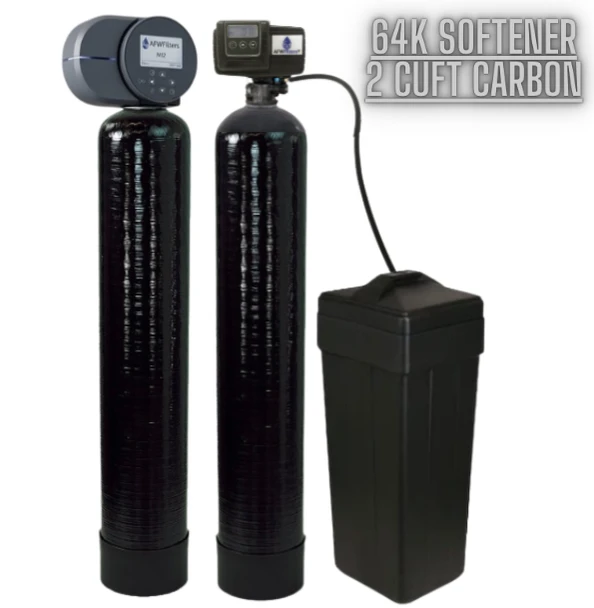 Combo Package Fleck 5600SXT 64,000 Grain Water Softener with 2cuft 2510AiQ Backwashing Filter (10% Resin with Carbon), Black, Pentair tank