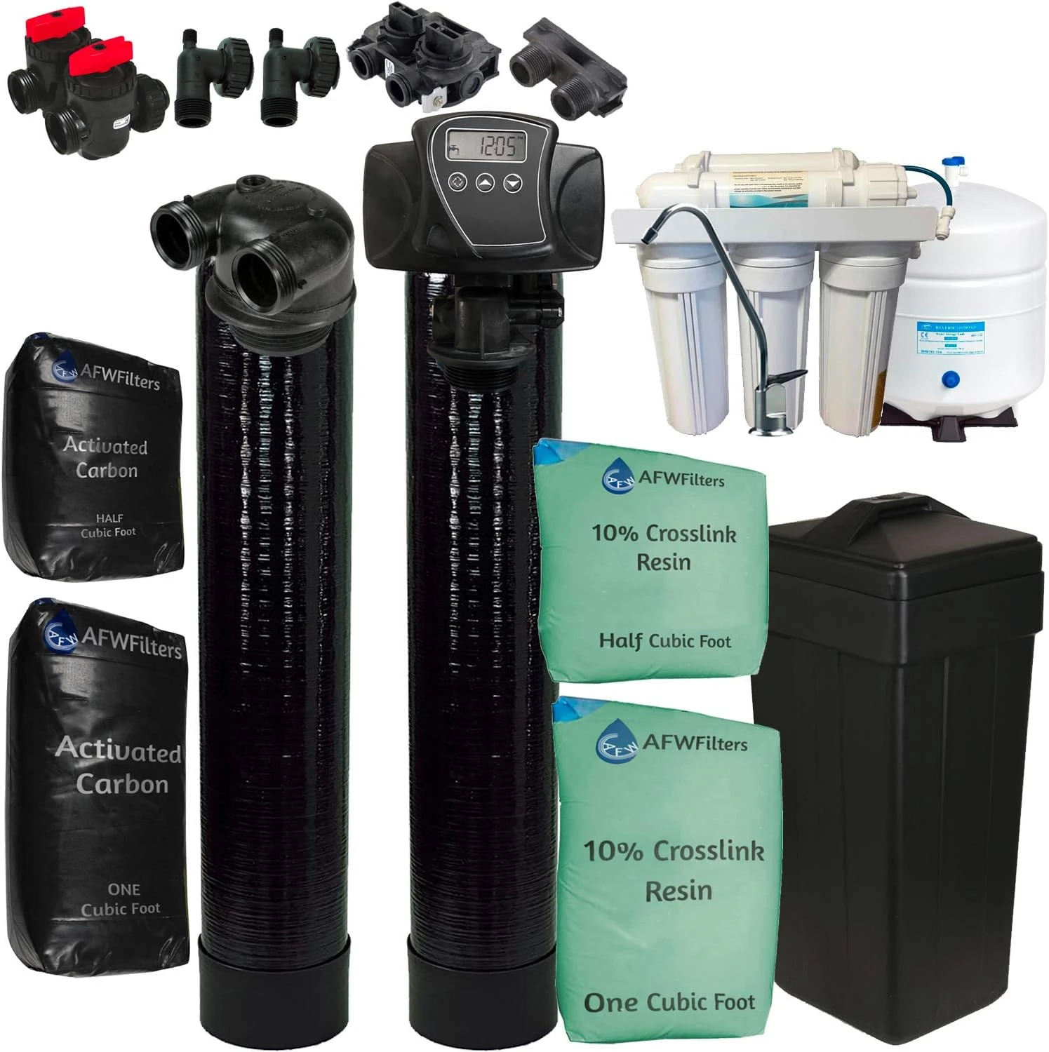 AFWFilters 56SXT-10%-RO Combo Package Fleck 5600SXT 48,000 Grain Water Softener with Upflow Filter (10% Resin with Carbon) with 5-Stage RO System, Black, Pentair tank