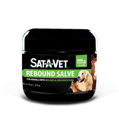 Our newest topical, Rebound Salve is here to help with all of your pets' skin needs! Developed to help animals of all sizes. It includes essentials such as lavender for soothing skin irritation and tea tree to help aid damaged and dry skin. All Sat-A-Vet™ products are 2018 US Farm Bill and USDA compliant. We emphasize a balanced spectrum of cannabinoids including CBD, CBG, and hemp-derived terpenes to produce the most effective CBD oil on the market for your pet. Our proprietary extraction gently removes all detectable THC so your pet gets the benefits of hemp without the high. We QR code every product so you can verify potency from a third-party laboratory and is tracked from seed to sale.

Sat-A-Vet™ products are manufactured using natural balanced-spectrum raw hemp oil, ensuring a high concentration of naturally-occurring terpenes and cannabinoids. 

We require that our farmers only grow organically derived hemp free from pesticides, chemical solvents, and heavy metals.

Our engineers can gently remove all detectable THC rendering the entire Sat-A-Vet™ line completely non-psychoactive without the use of dangerous chemical solvents during any phase of our processing.

Formulated with CBD and CBG (may contain trace amounts of CBDv), for full receptor activation.
Sat-A-Vet™ has products for animals of all sizes.
Non-GMO and chemical-free, purity is important for those in need.
From tincture to topical our products help inside and out.
All Sat-A-Vet™ products are derived from U.S. grown Industrial Hemp. 3rd party tested THC-free.
 

Inactive Ingredients Hemp Seed Oil, MCT (Medium Chain Triglyceride) Oil, Sunflower Lecithin

Cautions Safe use in pregnant animals or animals intended for breeding has not been proven. If an animal’s condition worsens or does not improve, stop product administration and consult your veterinarian.