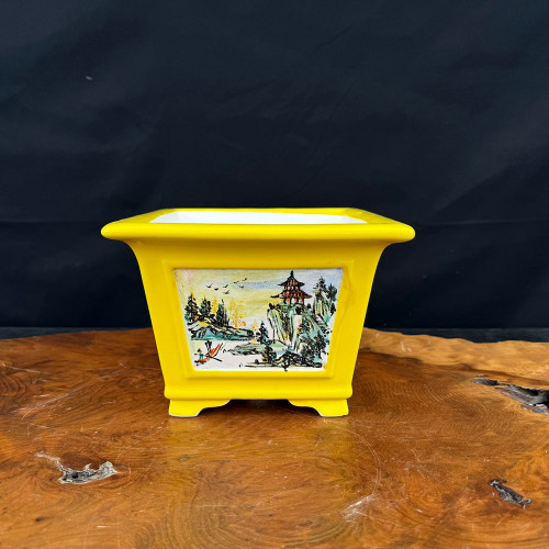 5 ¾" Tall Hand-Painted Yellow Glazed Yixing Bonsai Pot – Landscape & Calligraphy Panels (NEBG. 1073)