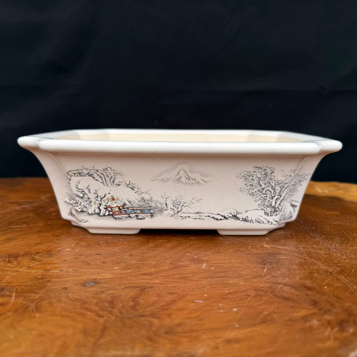 8 3/4" Rectangular White Glazed Yixing Bonsai Pot – Winter Landscape Relief (NEBG. 2818a)