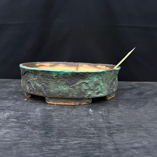 10" ohn Fazzino Handmade Bonsai Pot – Round with Craggy Texture & Symbol Underside No. JF-035
