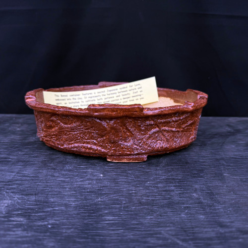 Handmade John Fazzino Bonsai Pot – 10" Oval with Deep Red Textured Glaze & Symbol for Love No. JF-054