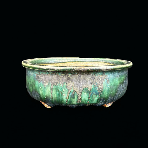 7" Glazed Green Sara Rayner Shohin Bonsai Pot – Drip Glaze, Small Round No. 1002