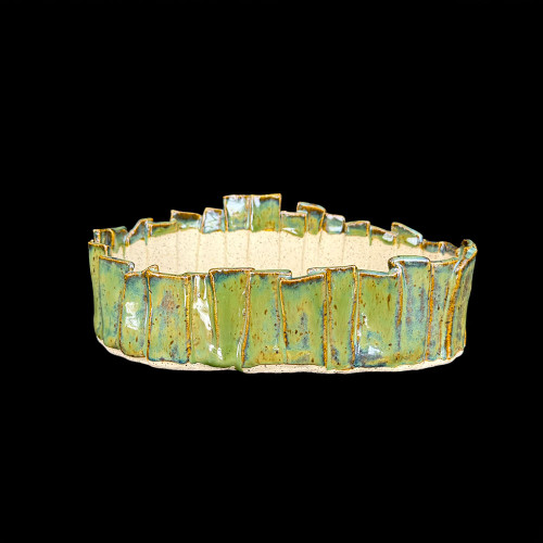 9" Andy Arnault Sculpted Green Glazed Bonsai Pot – Handbuilt Textured Rim Oval No. 700