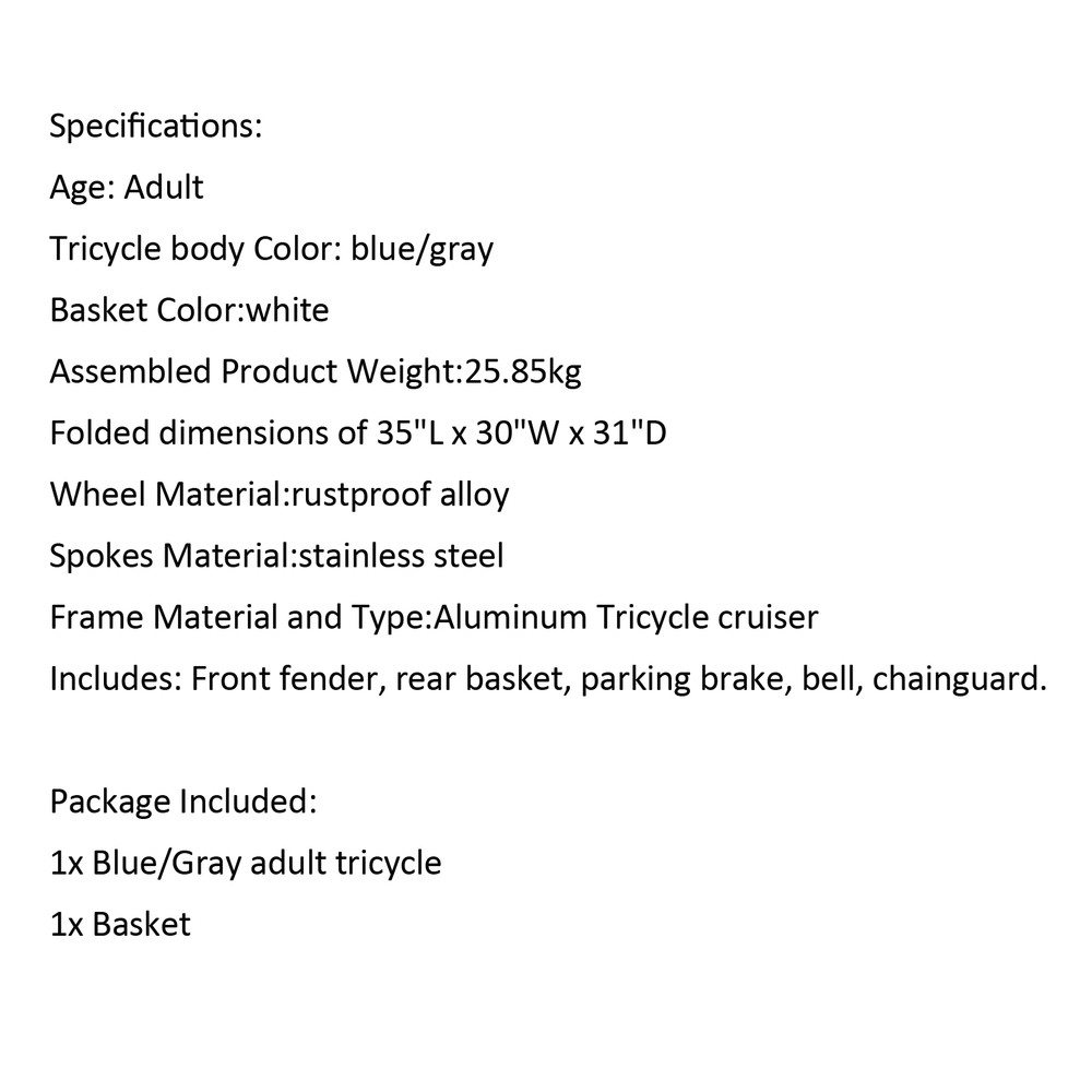 Adult Folding Tricycle Bike 3 Wheeler Bicycle Portable Tricycle 20" Wheels Blue