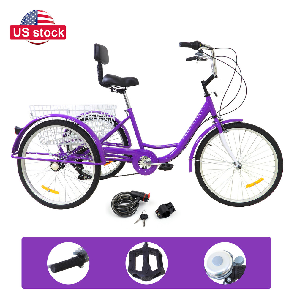 7-Speed 24" Adult 3-Wheel Tricycle Cruise Bike Bicycle With Basket purple