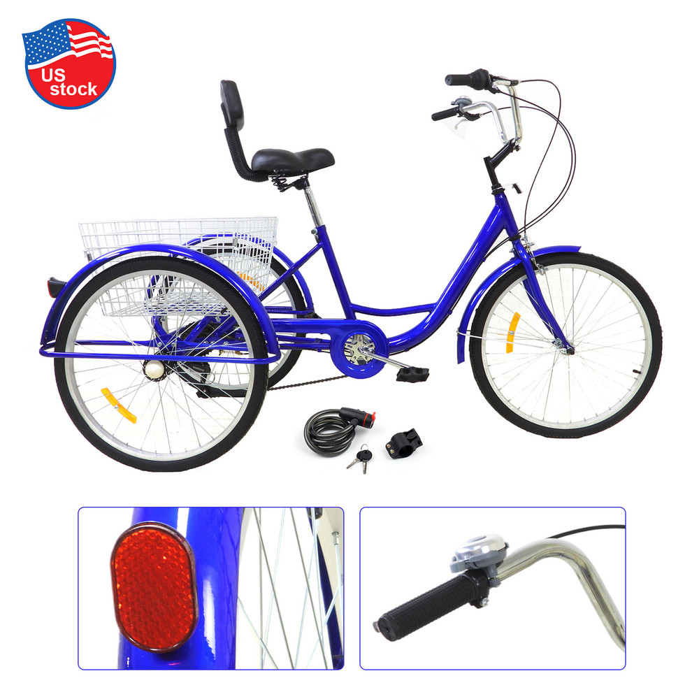 7-Speed 24" Adult 3-Wheel Tricycle Cruise Bike Bicycle With Basket Blue