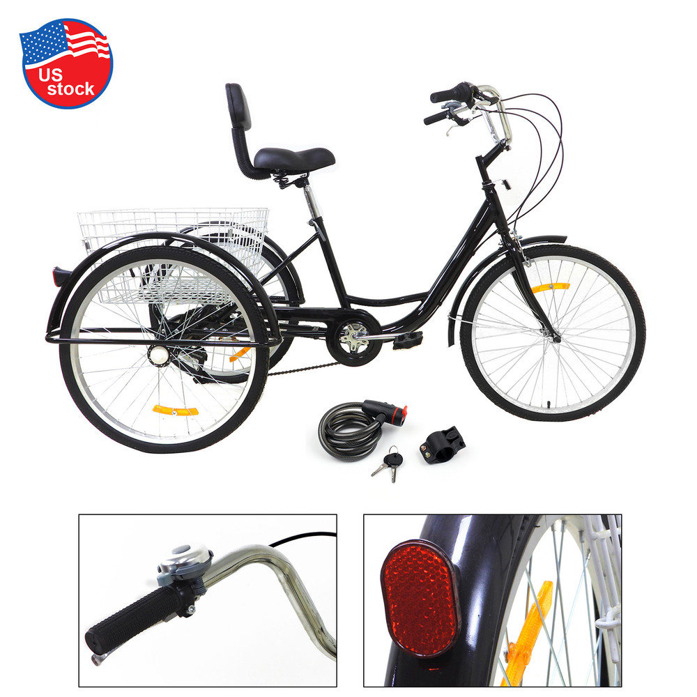 7-Speed 24" Adult 3-Wheel Tricycle Cruise Bike Bicycle With Basket Black