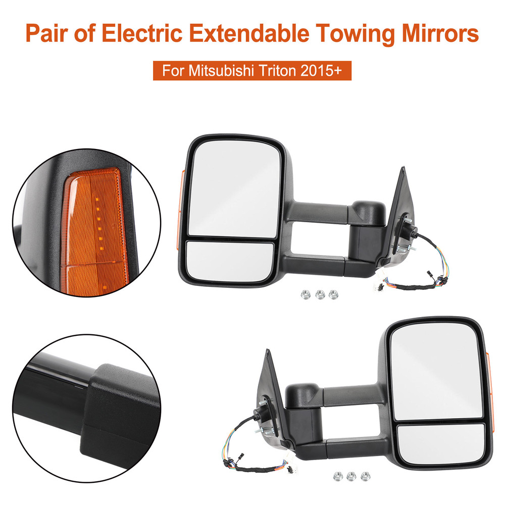 Pair of Electric Extendable Towing Mirrors for Mitsubishi Triton 2015+ Black