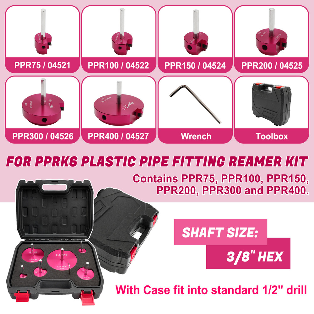 6 Piece 04529 For PPRK6 Plastic Pipe Fitting Reamer Kit For1/2" Drills