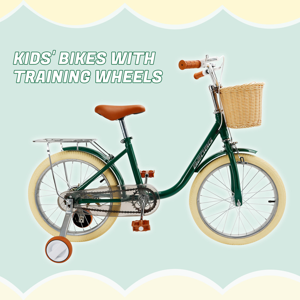 18 inch Kids Bike Child Bicycle For Ages 7-9 Years Boys and Girls Youth bike with Training Wheels Basket Green