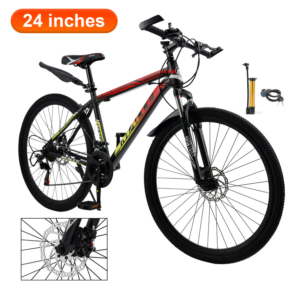 24 inch 24 Speed Mountain Bicycle Spoke Wheel Adult Explorer Bike MTB With Fender Cup holder Red/Yellow