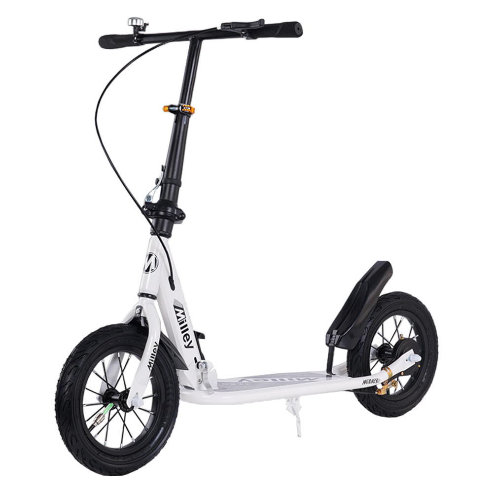 Shock-Absorbing Foldable Commuter Kick Scooter For Adults and Teens With 12" Large Smooth Rolling Rubber Air Tires White