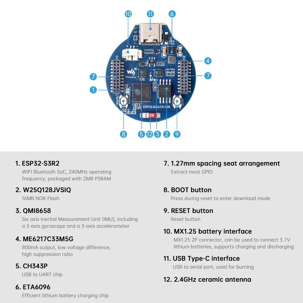 ESP32 S3 Development Board with 1.28-inch LCD Screen Round IPS Screen Bluetooth
