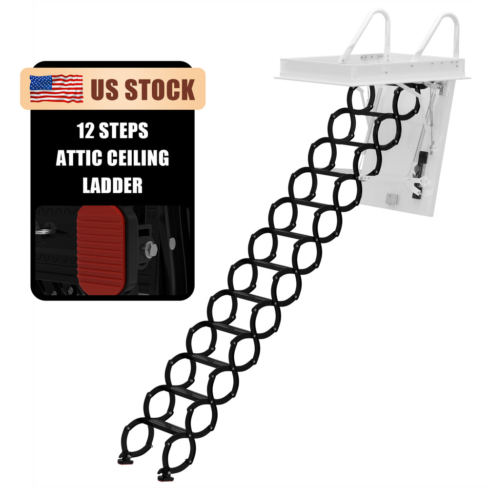 12 Step Black Folding Attic Ladder Wall Mounted Pulldown Ceiling Stairs (39.4"x27.6")