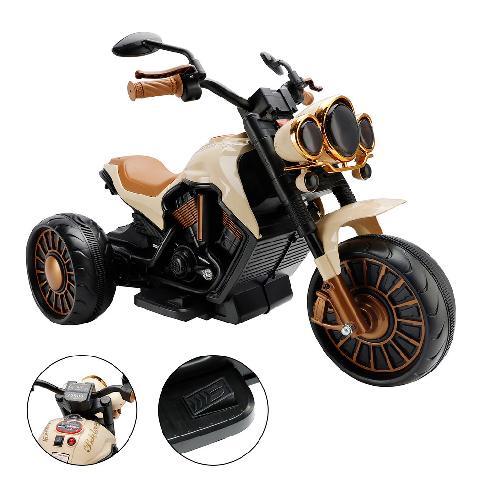 3 Wheel Kids Ride On Motorcycle Electric Dual Drive Toy Car With LED Light Brown