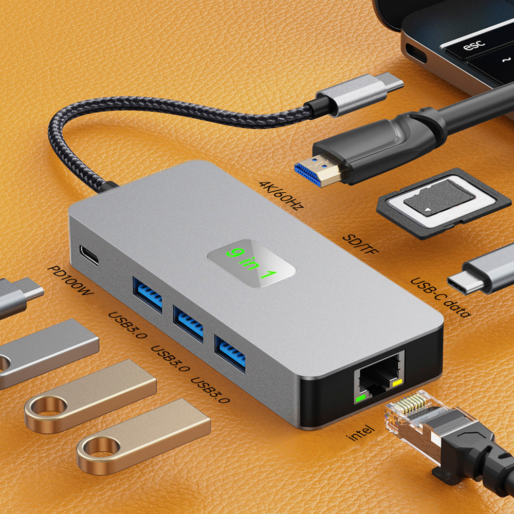 9 in 1 TYPE-C to RJ45 (Gigabit)+USB3.0*3+HDMI+USB-CS Data+PD100W+SD/TF MacBook