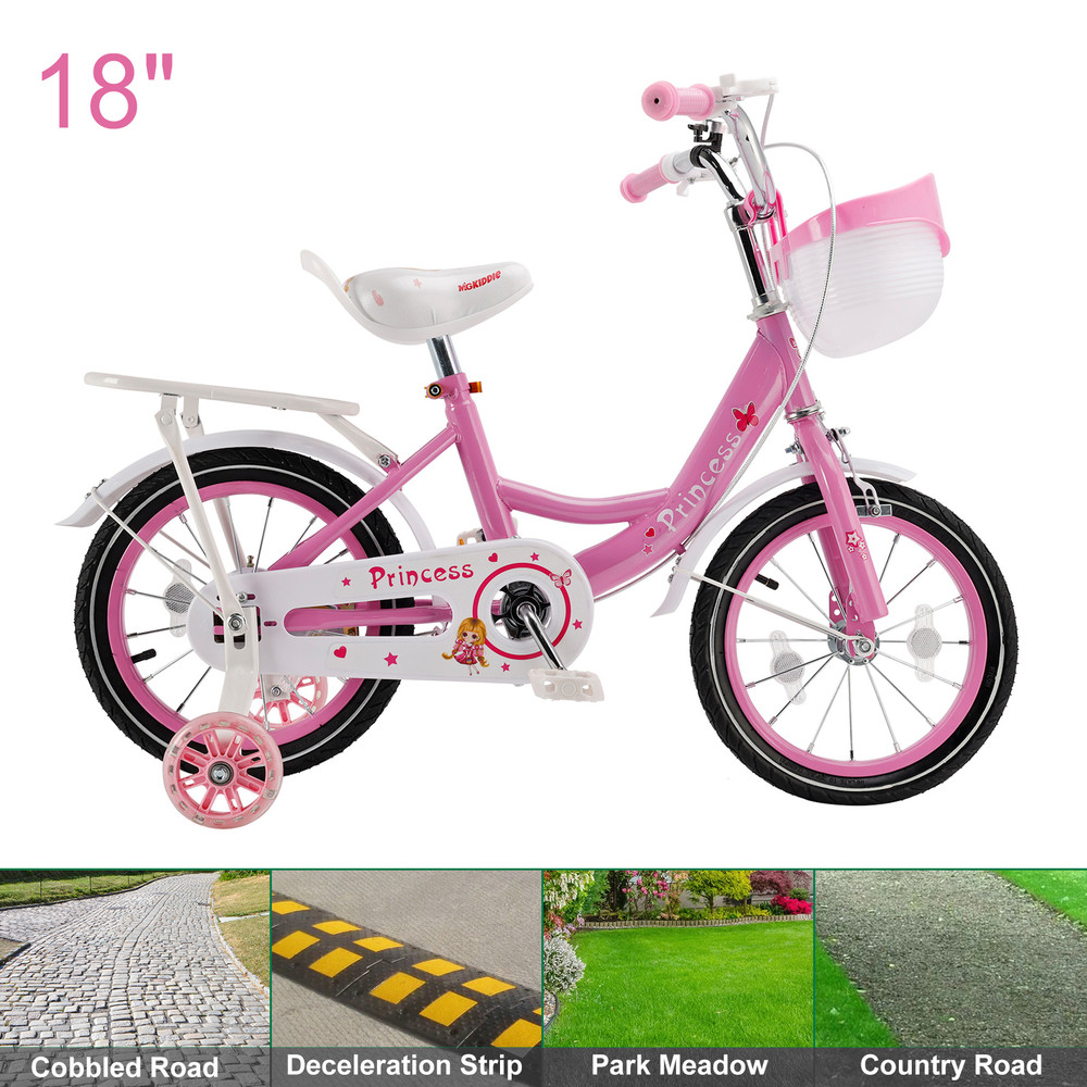 18" Children Princess Bicycle Girls Bike with Removable Training Wheels Pink