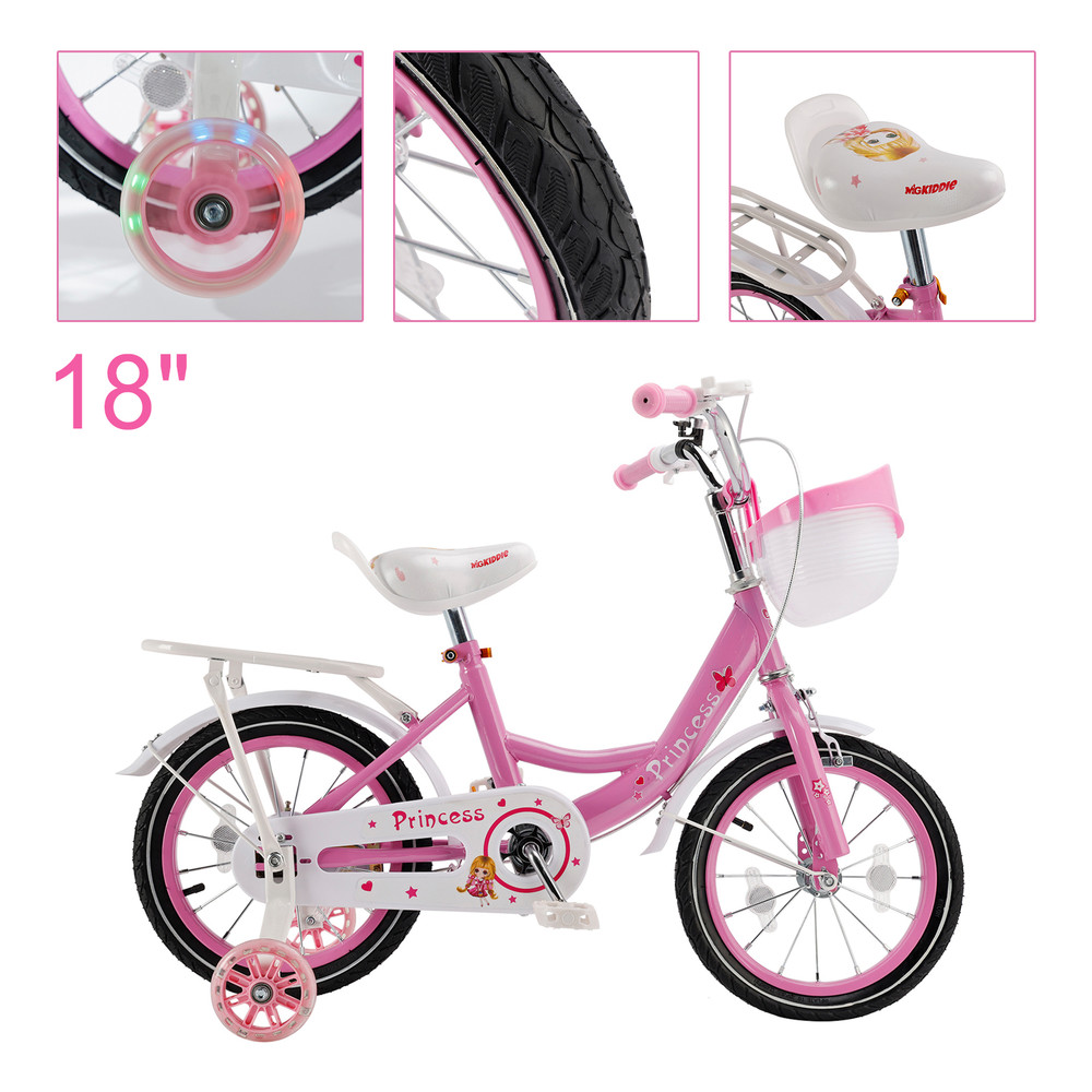 18" Children Princess Bicycle Girls Bike with Removable Training Wheels Pink