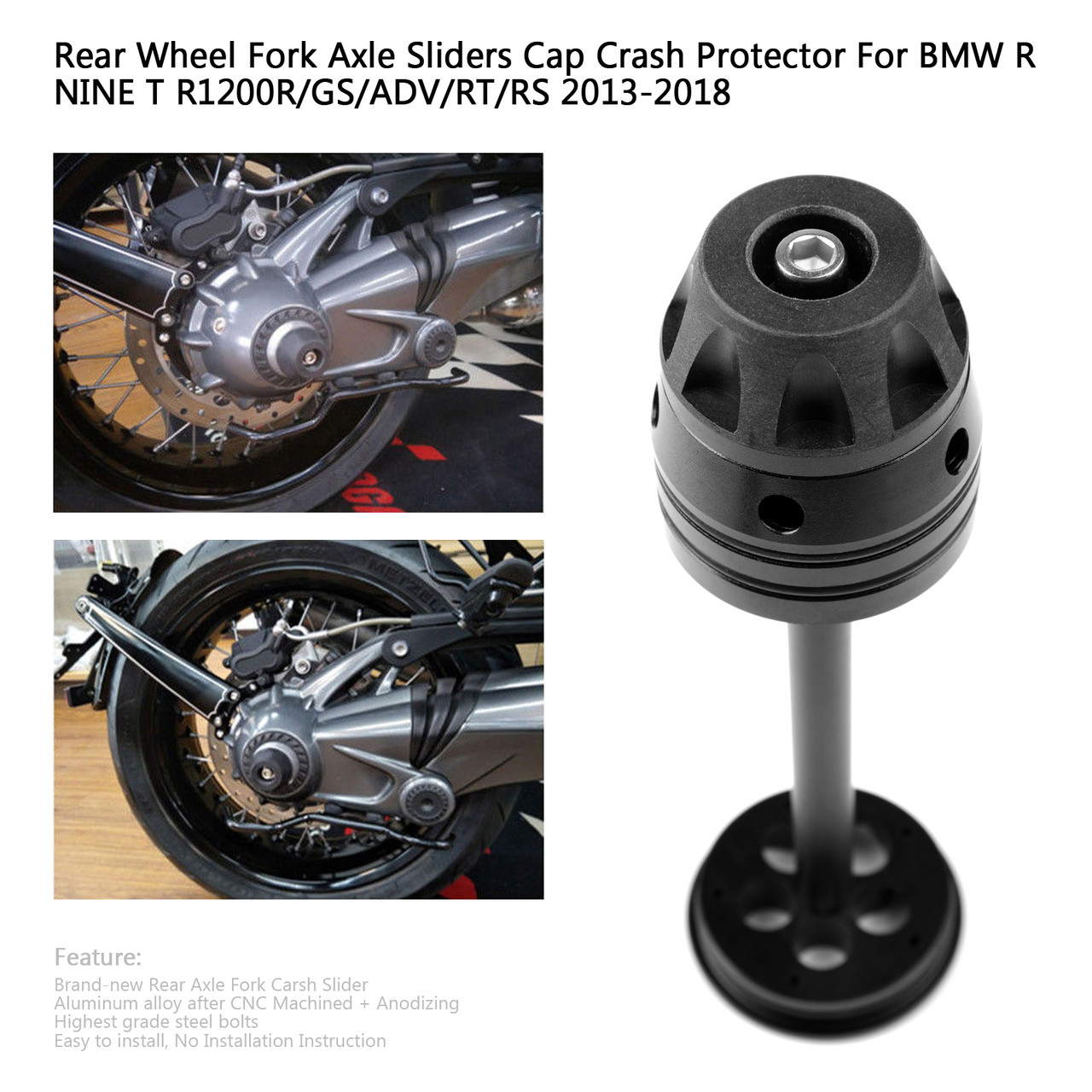 Rear Wheel Axle Fork Protector Crash Slider For BMW R1200GS, RNineT, K1200G – Aluminum + Nylon