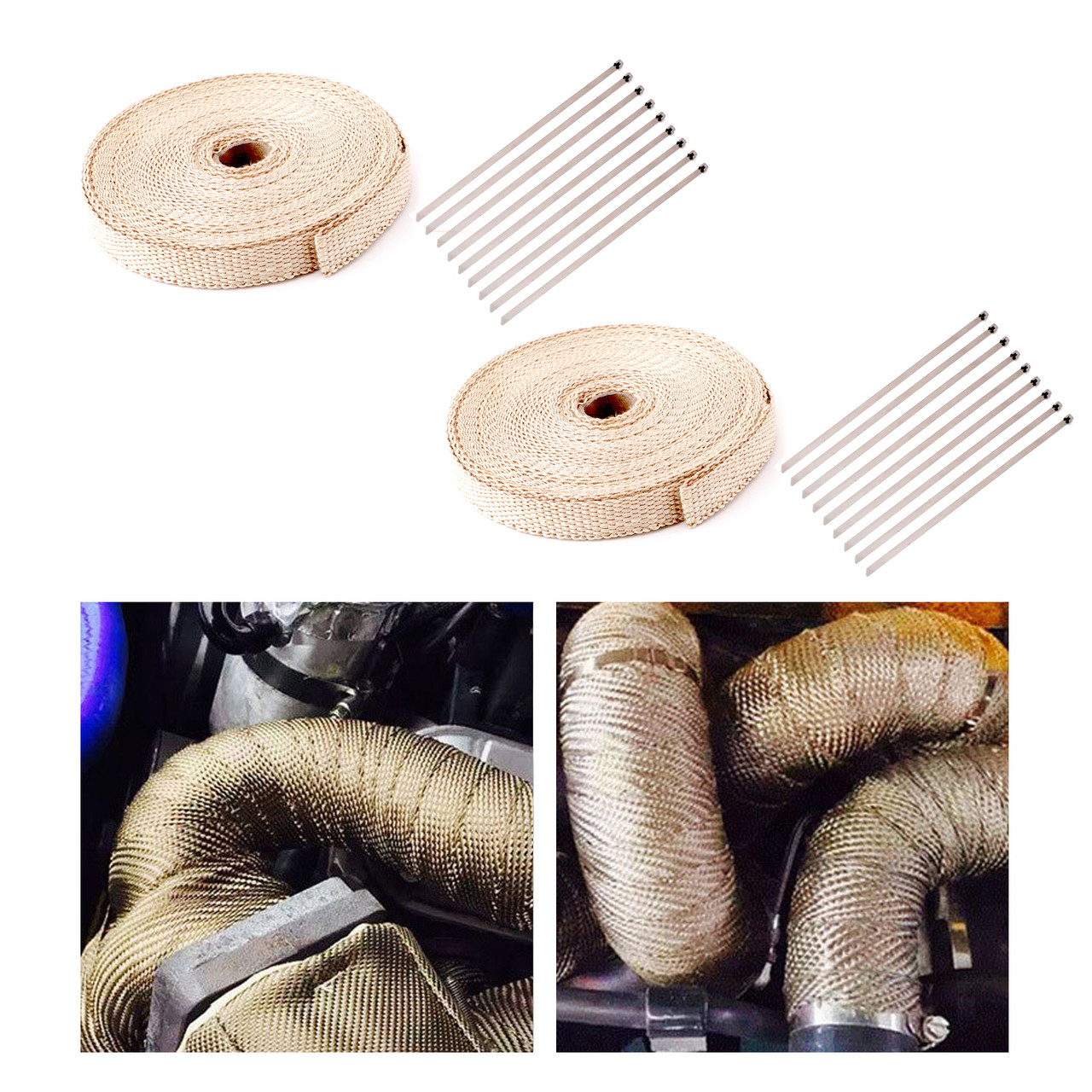 1/" or 2/" In x 50FT Exhaust Header Fiberglass Heat Wrap Tape Kit w// 5 Steel Ties