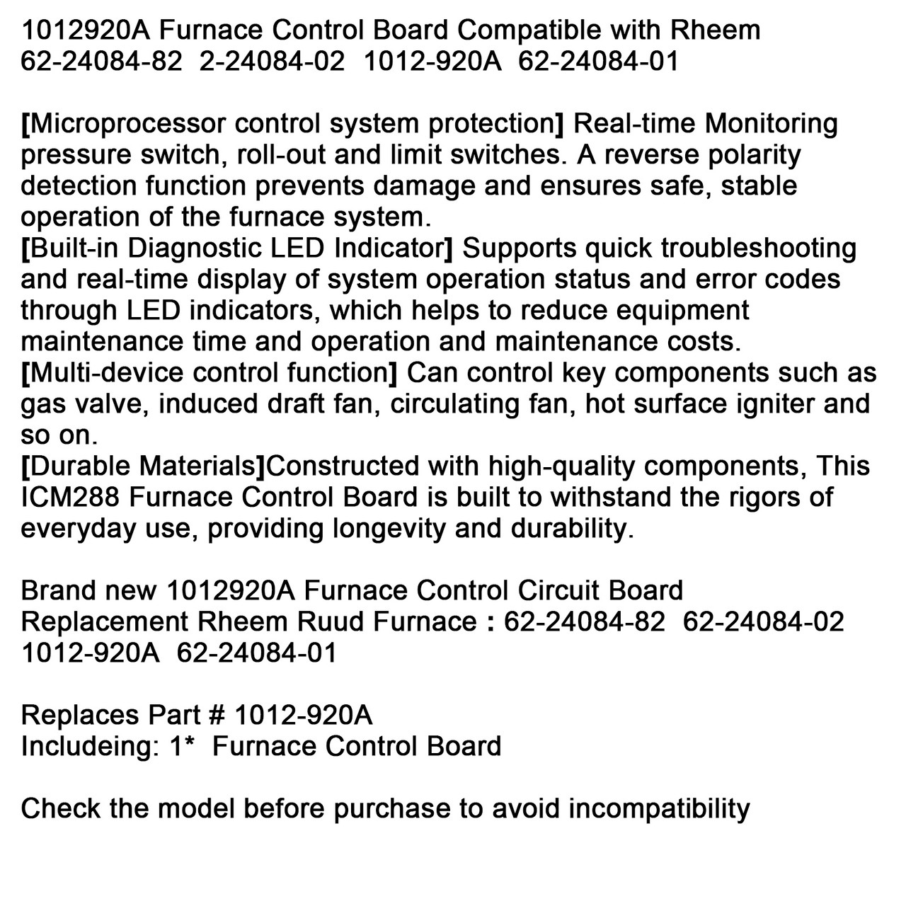 1012920A Furnace Control Board Compatible with Rheem 62-24084-82 2