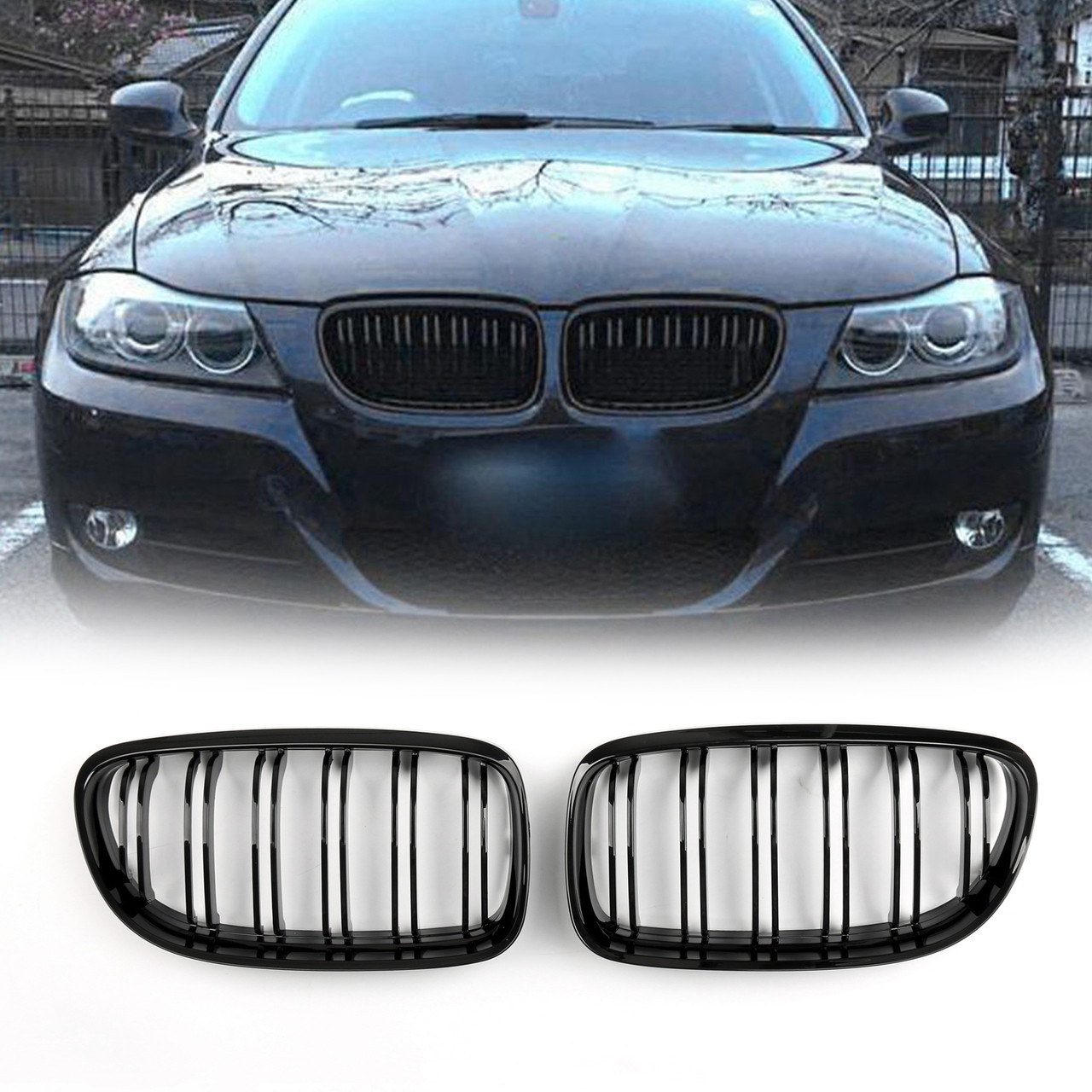 Gloss Black BMW E90 E91 Kidney Grille - ABS Double Slat Front Bumper Grilles For 3 Series 2009-2011