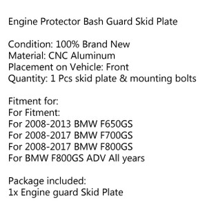 Engine Protector Bash Guard Skid Plate Set For BMW F650 F700 F800 GS 2008-2017