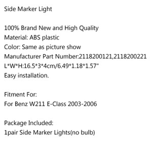 Side Marker Light in Bumper Turn Signal Lamp for Benz W211 E-Class 2003-2006