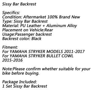 Backrest Sissy Bar For Yamaha Star Stryker Model Upright Pad Bullet Cowl XVS1300