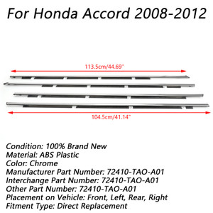 4pcs Chrome Weatherstrip Window Moulding Trim Seal Belt For Accord 2008-2012
