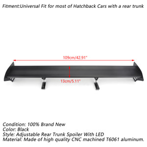 Hatch Adjustable Aluminum Rear Trunk Wing Racing Spoiler With LED Universal Black