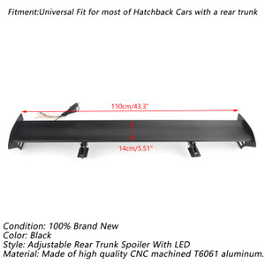 Hatch Adjustable Aluminum Rear Trunk Wing Racing Spoiler With LED Universal For most of Hatchback Cars with a rear trunk Black