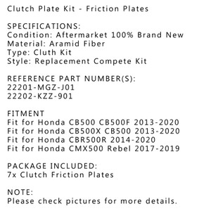 Clutch Plate Kit - Friction Plates For Honda CB500 CB500F CB500X CBR500R CMX500 Rebel