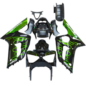 Fairings Kawasaki ZX6R 636 Black & Green Flame Ninja Racing  (2003-2004)