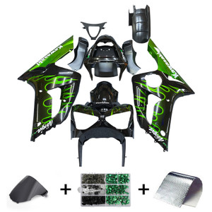 Fairings Kawasaki ZX6R 636 Black & Green Flame Ninja Racing  (2003-2004)