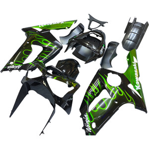 Fairings Kawasaki ZX6R 636 Black & Green Flame Ninja Racing  (2003-2004)